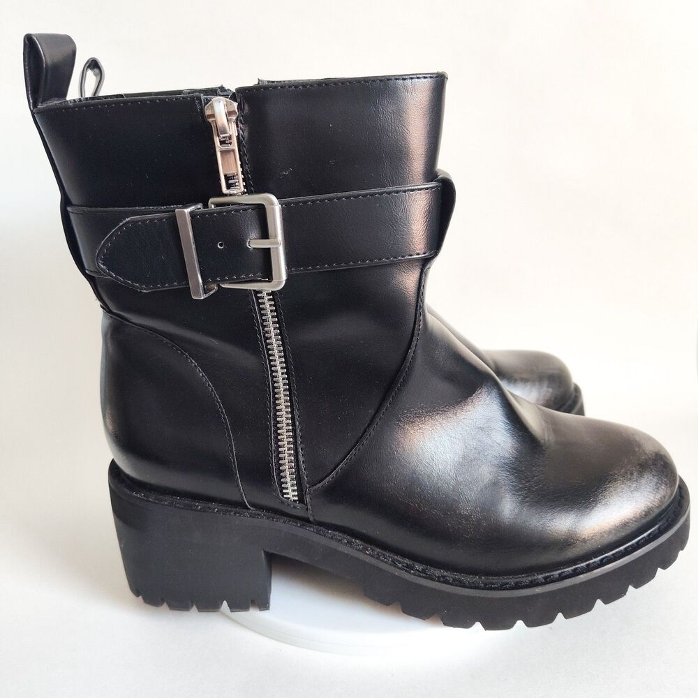 Lane Bryant Faux Leather Block Heel Lug Sole Moto Black Mid Calf‎ Boots 9 Wide